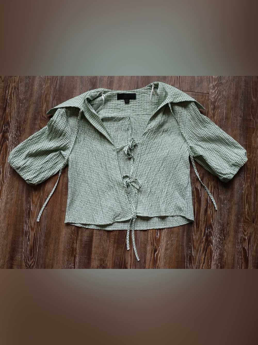 Zara Womens Green Gingham Seersucker Tie Front Puff Sleeve Cottagecore Blouse XS